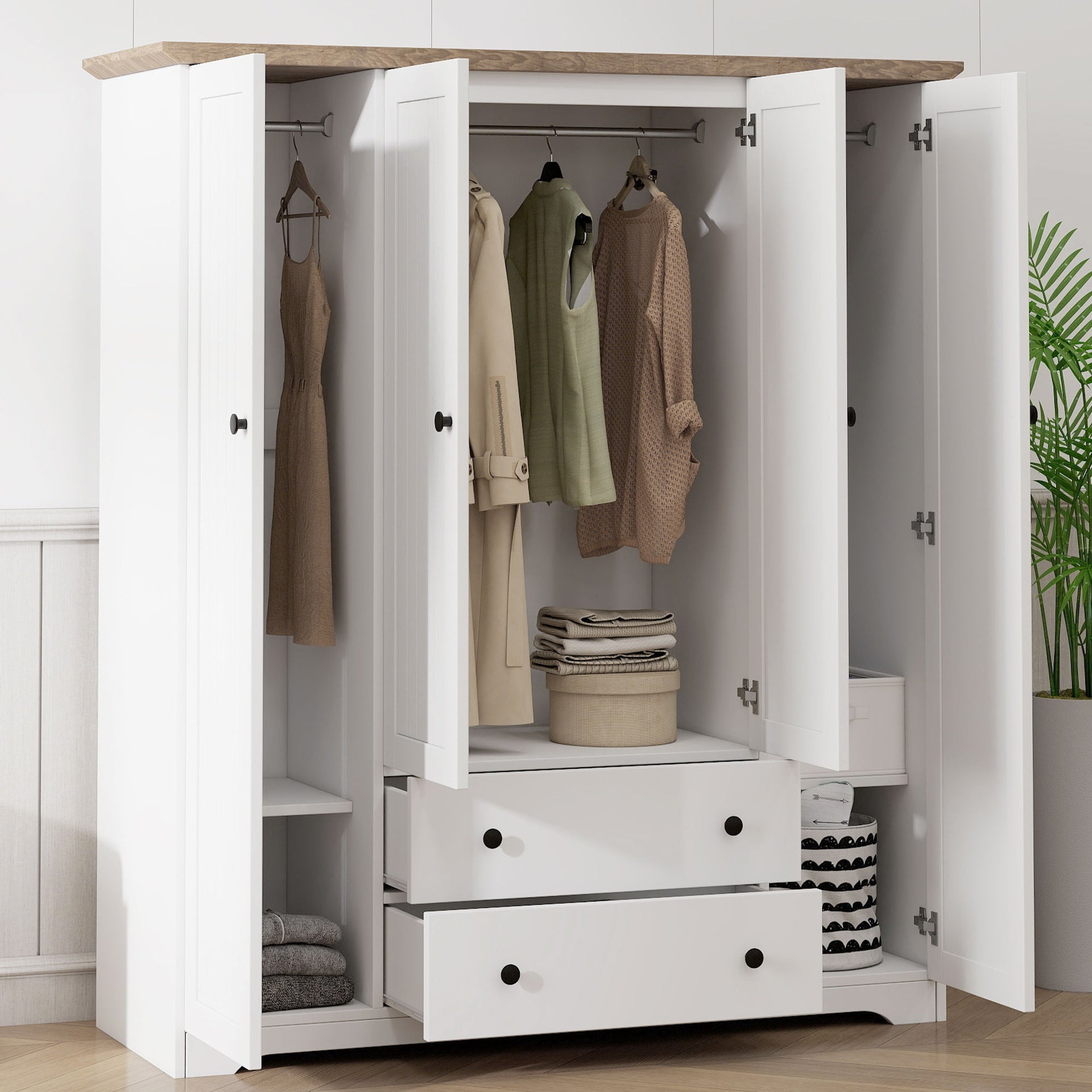 4 Door Wardrobe Armoire Closet with 2 Drawers, White
