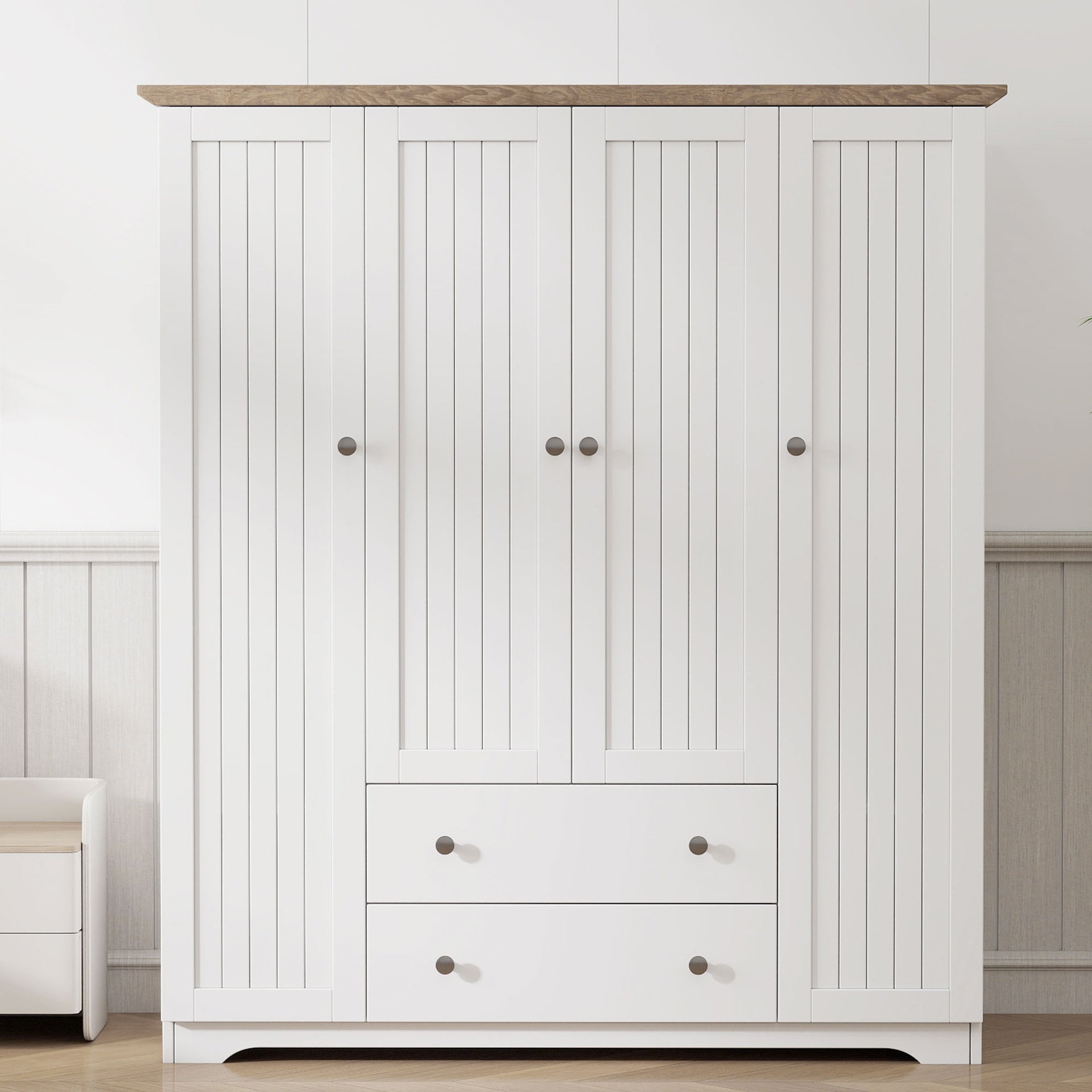 4 Door Wardrobe Armoire Closet with 2 Drawers, White