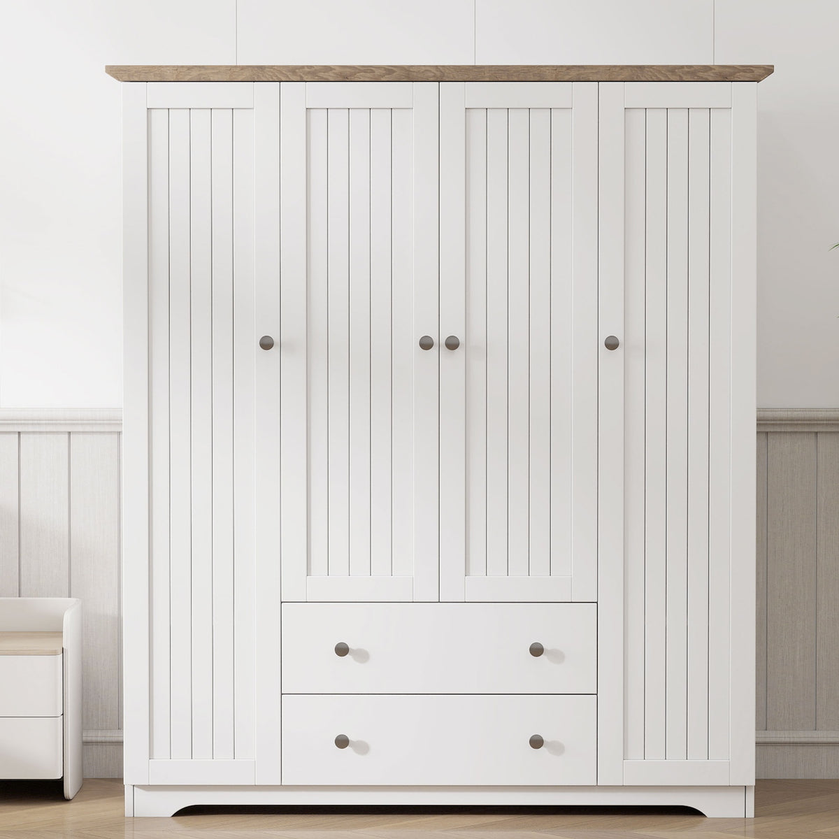 4 Door Wardrobe Armoire Closet with 2 Drawers, White