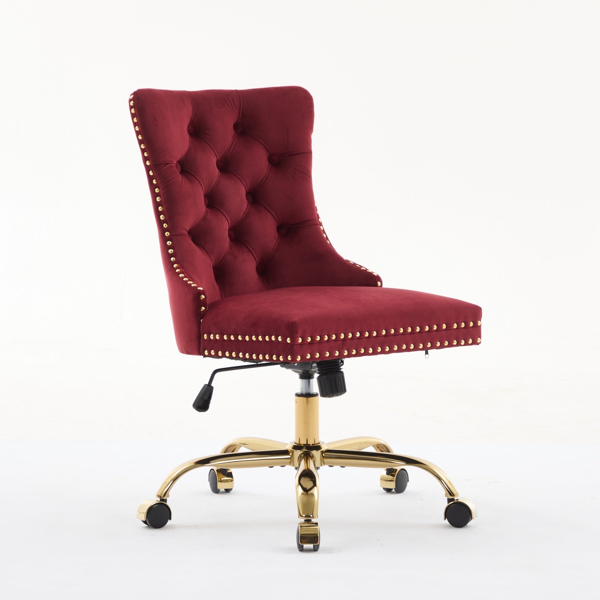 A&A Furniture Office Chair,Modern Velvet Upholstered Tufted Button Home Office Chair with Golden Metal Base,Adjustable Desk Chair Swivel Office Chair (Wine Red),SW1923WR