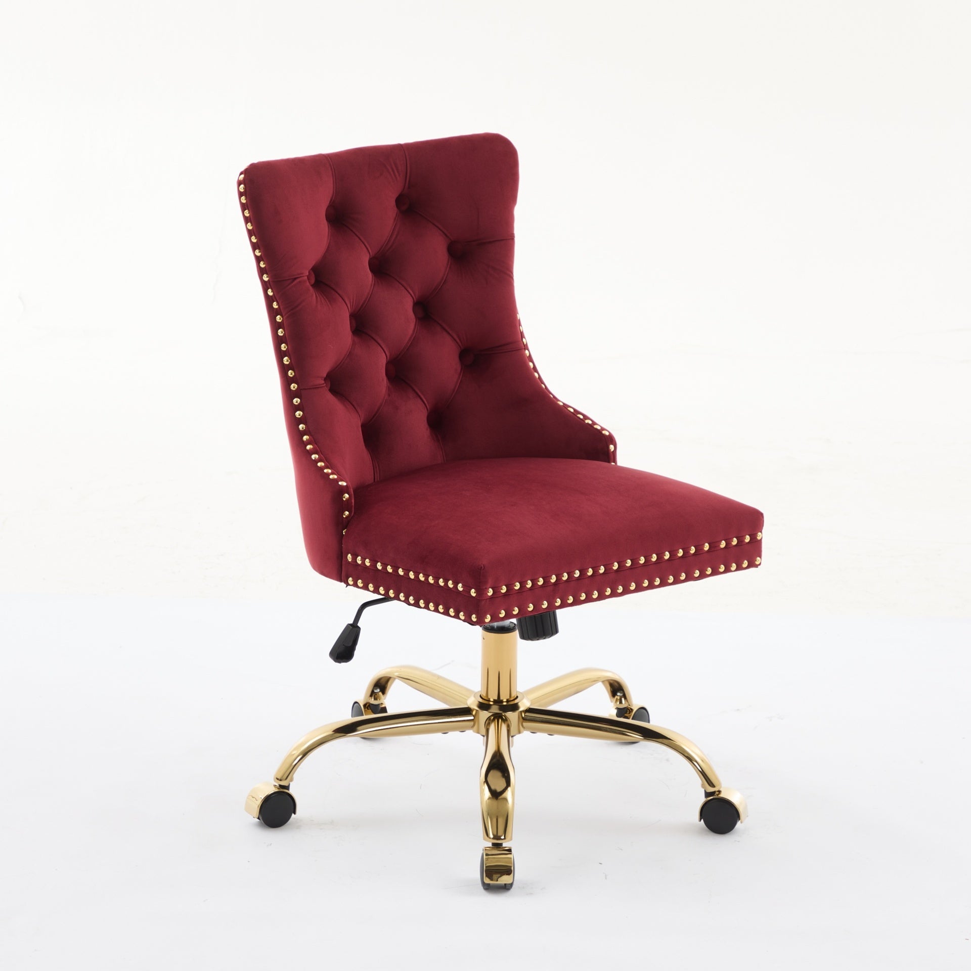 A&A Furniture Office Chair,Modern Velvet Upholstered Tufted Button Home Office Chair with Golden Metal Base,Adjustable Desk Chair Swivel Office Chair (Wine Red),SW1923WR