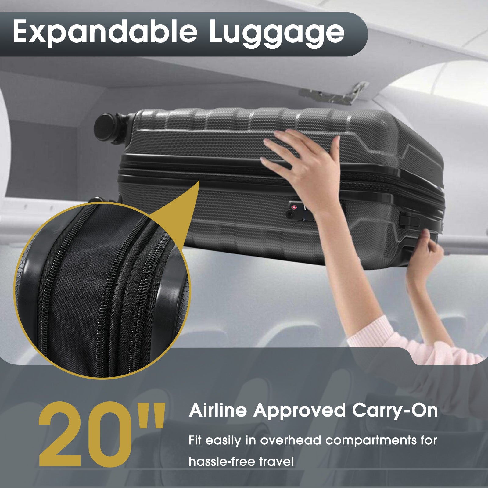 20 Inch Hardshell ABS Carry on Luggage, Durable Expandable Travel Suitcase with Spinner Wheels, TSA Lock
