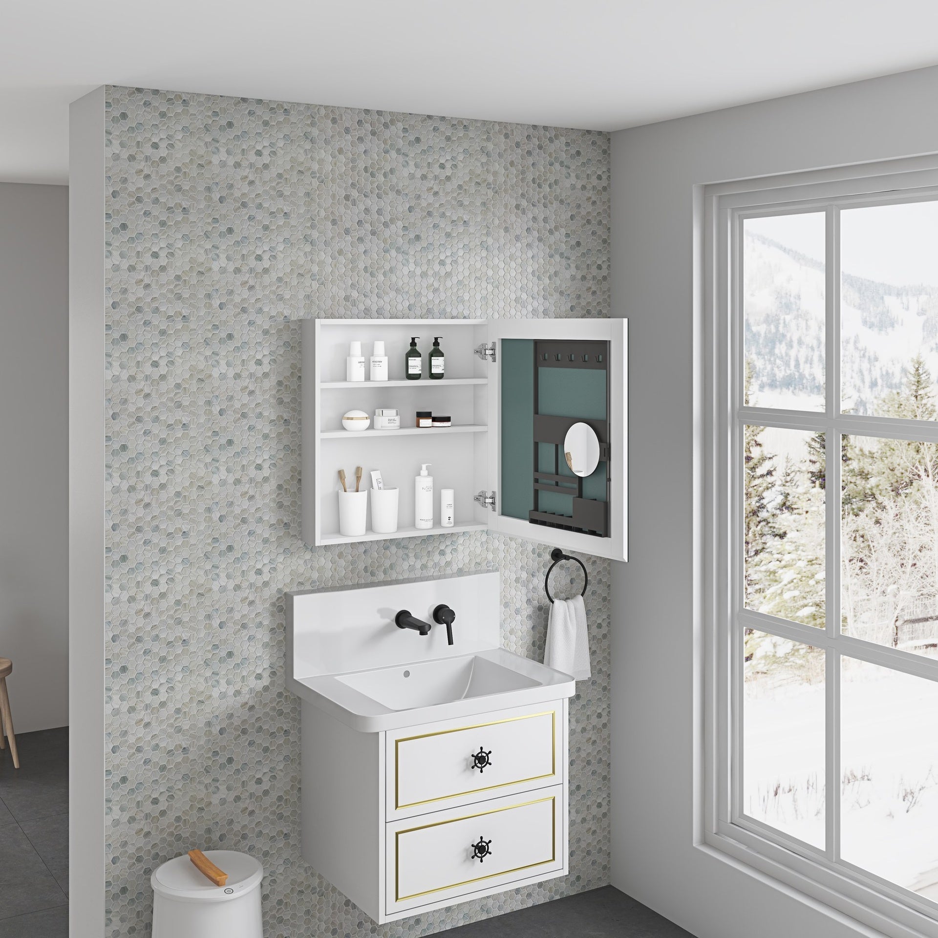 24'' W x 26'' H Surface Frameless Mirror Medicine Cabinet, Beveled Mirror Edges Bathroom Medicine Cabinet, Right opening door