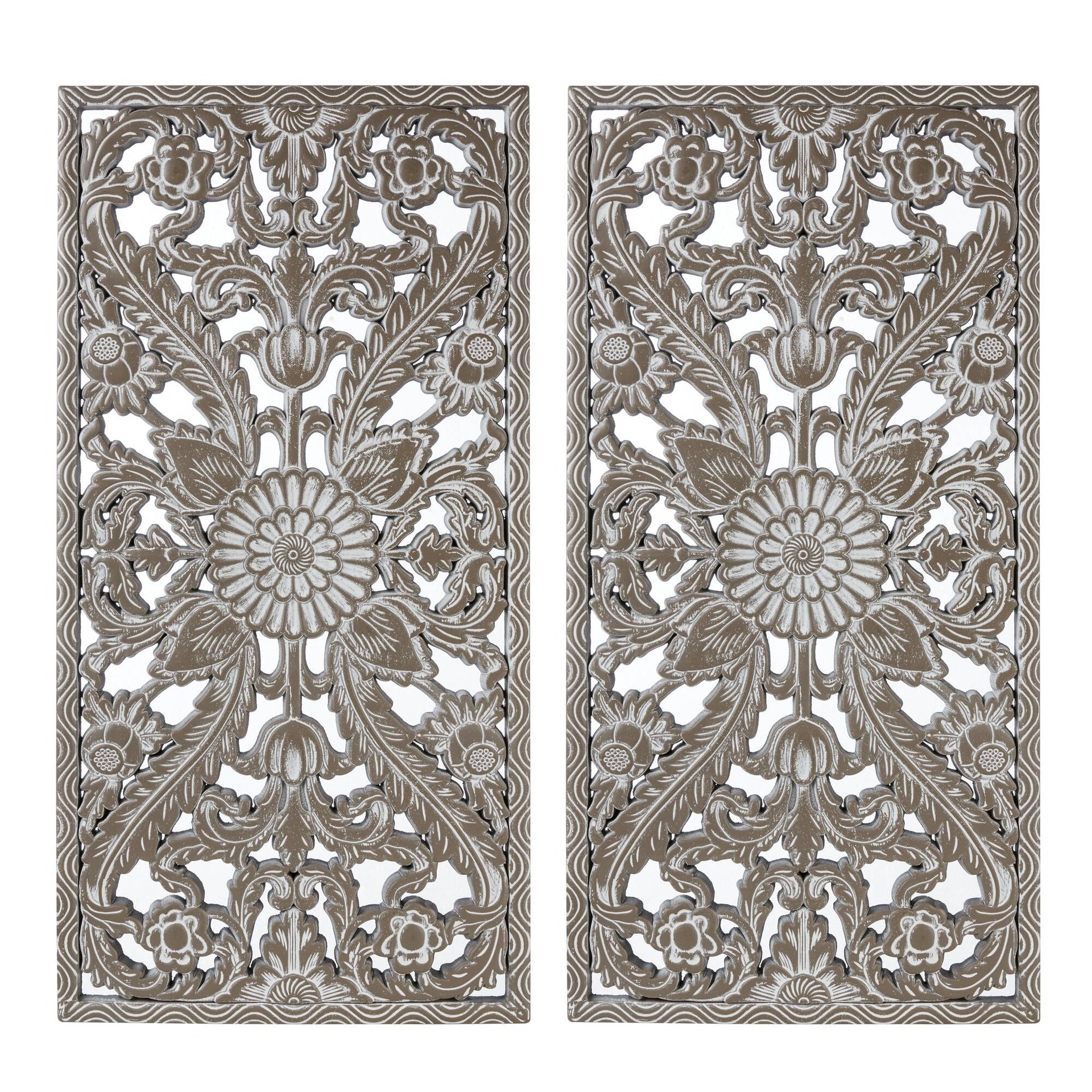 2 PCS Botanical Panel Distressed Carved Wood Wall Decor Set