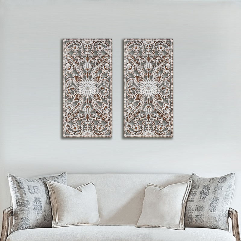 2 PCS Botanical Panel Distressed Carved Wood Wall Decor Set
