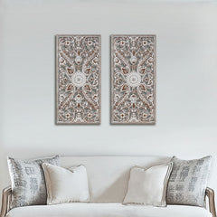2 PCS Botanical Panel Distressed Carved Wood Wall Decor Set