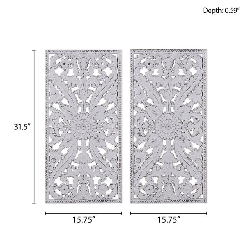 2 PCS Botanical Panel Distressed Carved Wood Wall Decor Set