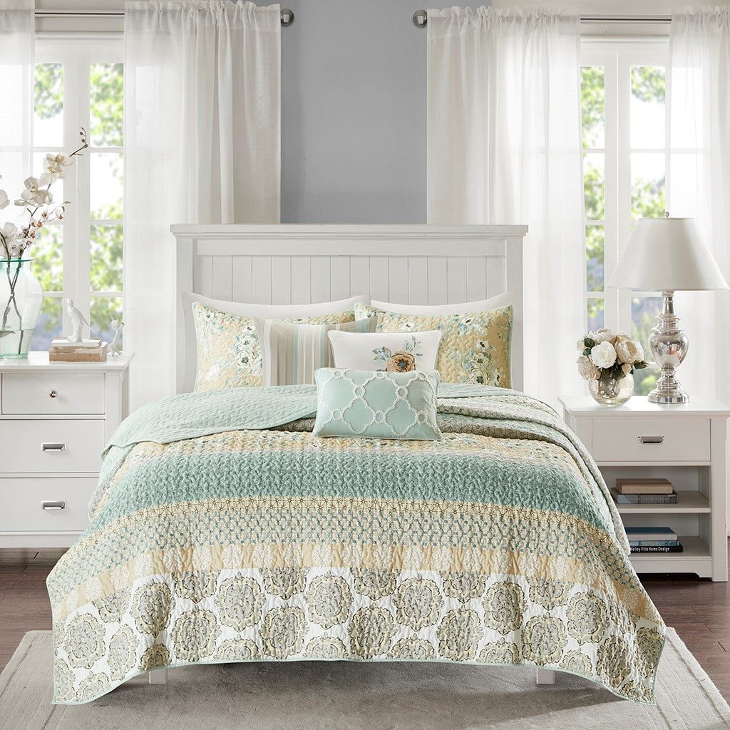 6 Piece Cotton Quilt Set with Throw Pillows Green King/Cal King