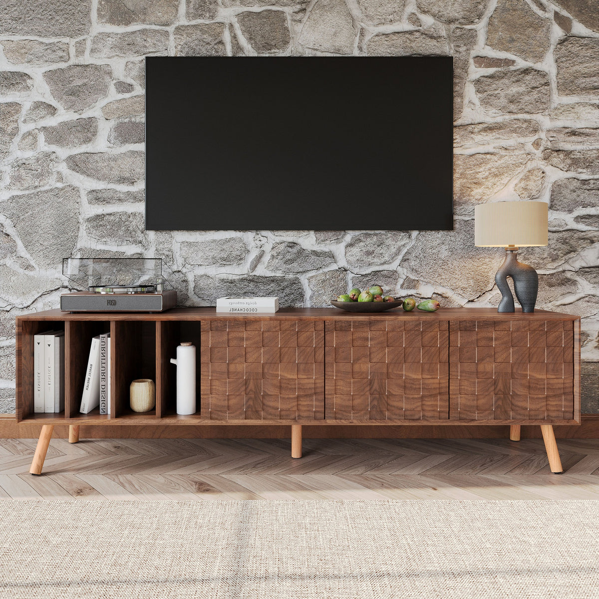 70" Mid-Century Modern TV Stand, Media Console Table for TVs up to 80'', Entertainment Center with 5 Solid Wood Legs for Living Room, Bedroom