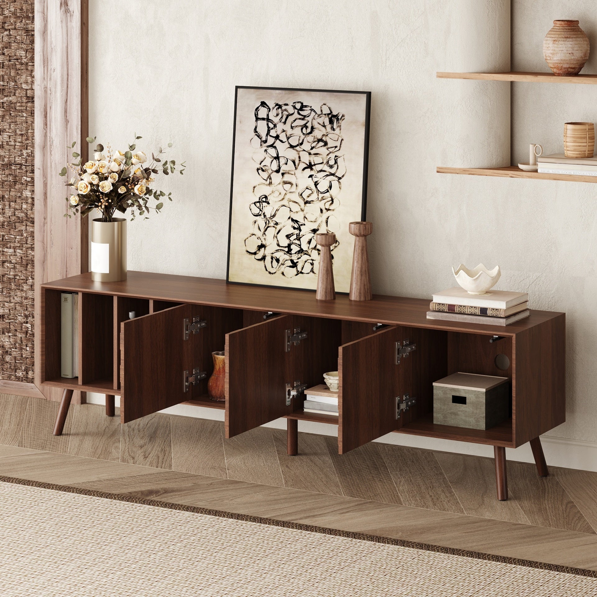 70" Mid-Century Modern TV Stand, Media Console Table for TVs up to 80'', Entertainment Center with 5 Solid Wood Legs for Living Room, Bedroom