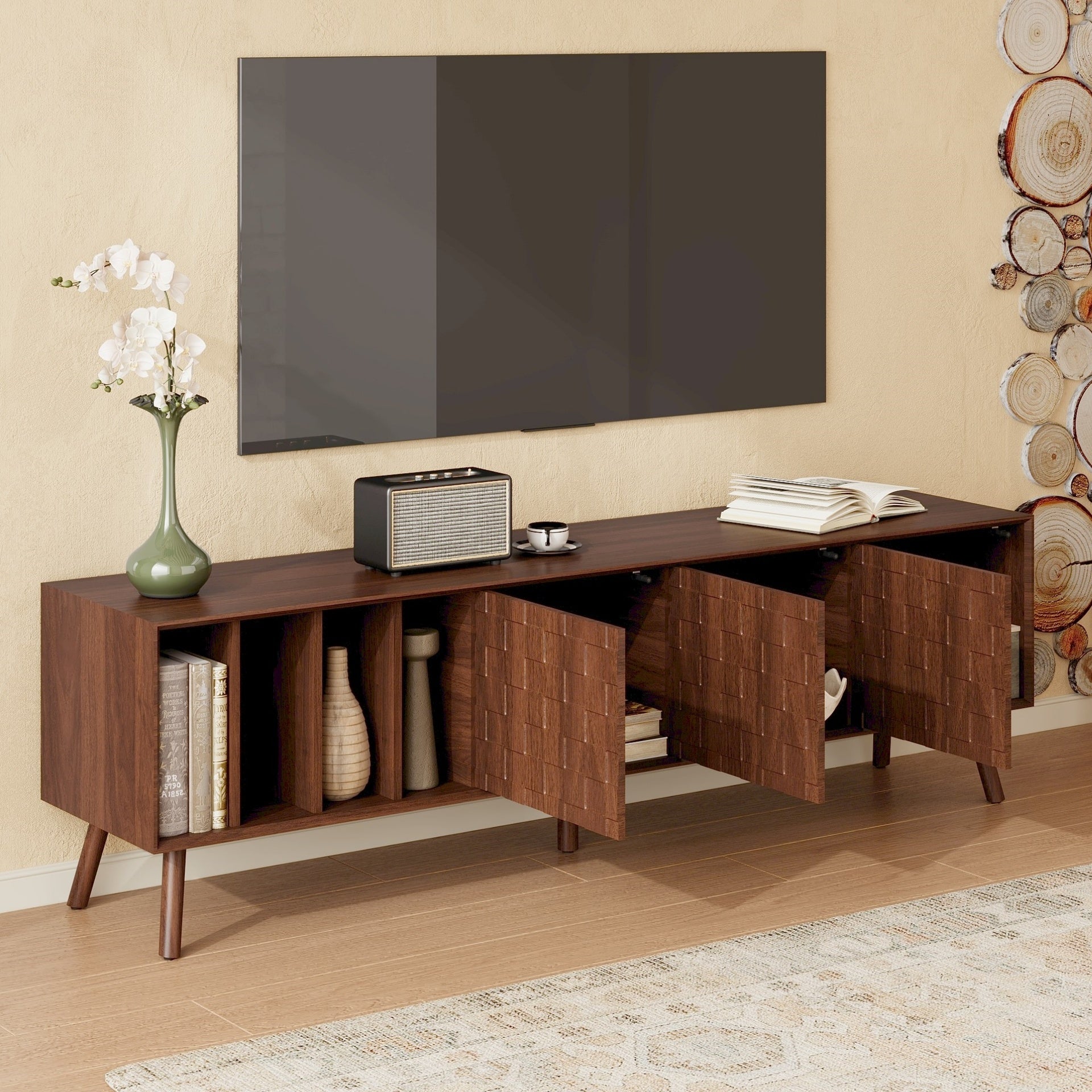 70" Mid-Century Modern TV Stand, Media Console Table for TVs up to 80'', Entertainment Center with 5 Solid Wood Legs for Living Room, Bedroom