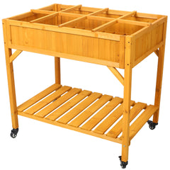 Elevated 8 Pocket Herb Garden Bed, Mobile Raised Customizable Wood Planter for Herbs, Vegetables, Flowers w/ Lockable Wheels, Storage Shelf, Drainage Holes