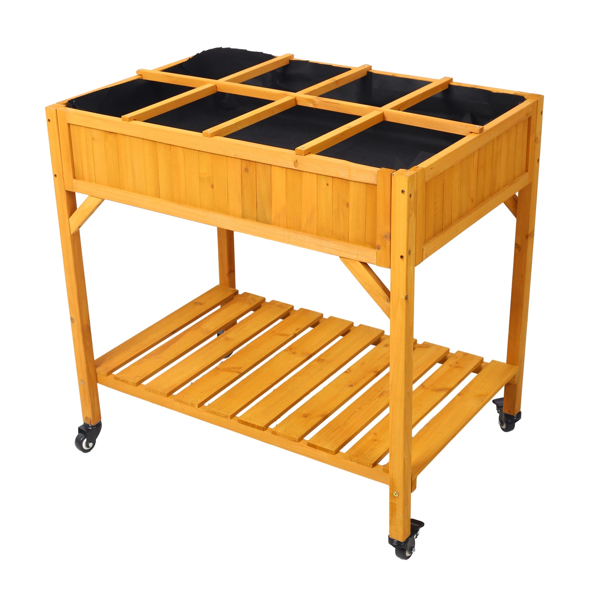 Elevated 8 Pocket Herb Garden Bed, Mobile Raised Customizable Wood Planter for Herbs, Vegetables, Flowers w/ Lockable Wheels, Storage Shelf, Drainage Holes