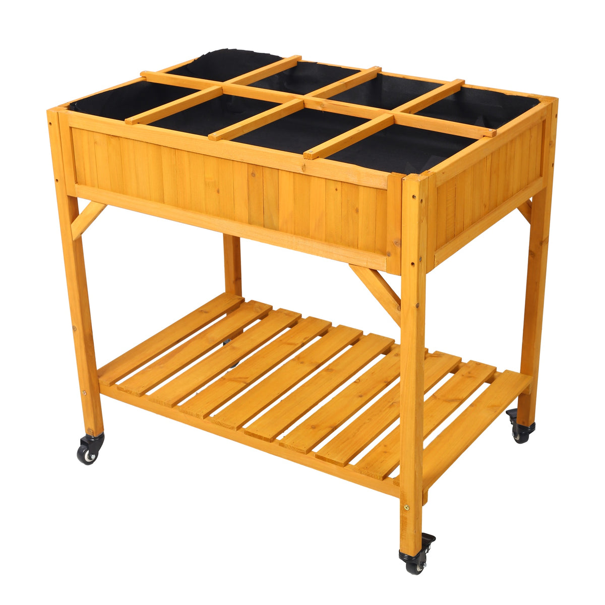 Elevated 8 Pocket Herb Garden Bed, Mobile Raised Customizable Wood Planter for Herbs, Vegetables, Flowers w/ Lockable Wheels, Storage Shelf, Drainage Holes