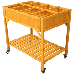 Elevated 8 Pocket Herb Garden Bed, Mobile Raised Customizable Wood Planter for Herbs, Vegetables, Flowers w/ Lockable Wheels, Storage Shelf, Drainage Holes