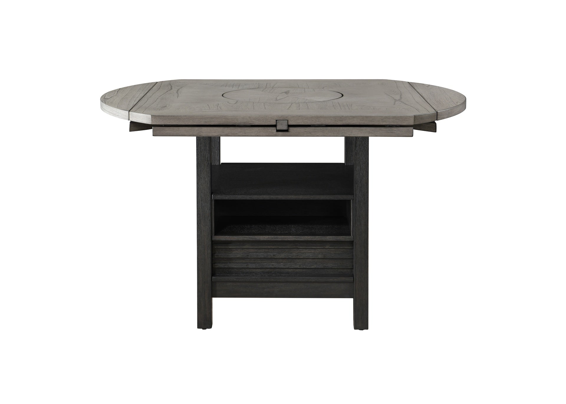 1pc Farmhouse Contemporary Counter Height Table with Storage Single Pedestal Round Black Gray Natural Grain Integrated Turntable Drop Leaves and Built-in Shelving