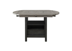 1pc Farmhouse Contemporary Counter Height Table with Storage Single Pedestal Round Black Gray Natural Grain Integrated Turntable Drop Leaves and Built-in Shelving