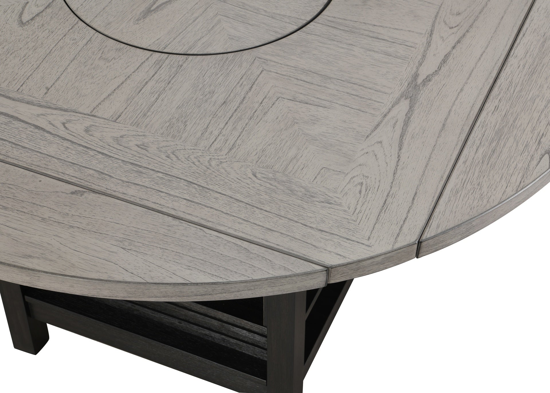 1pc Farmhouse Contemporary Counter Height Table with Storage Single Pedestal Round Black Gray Natural Grain Integrated Turntable Drop Leaves and Built-in Shelving