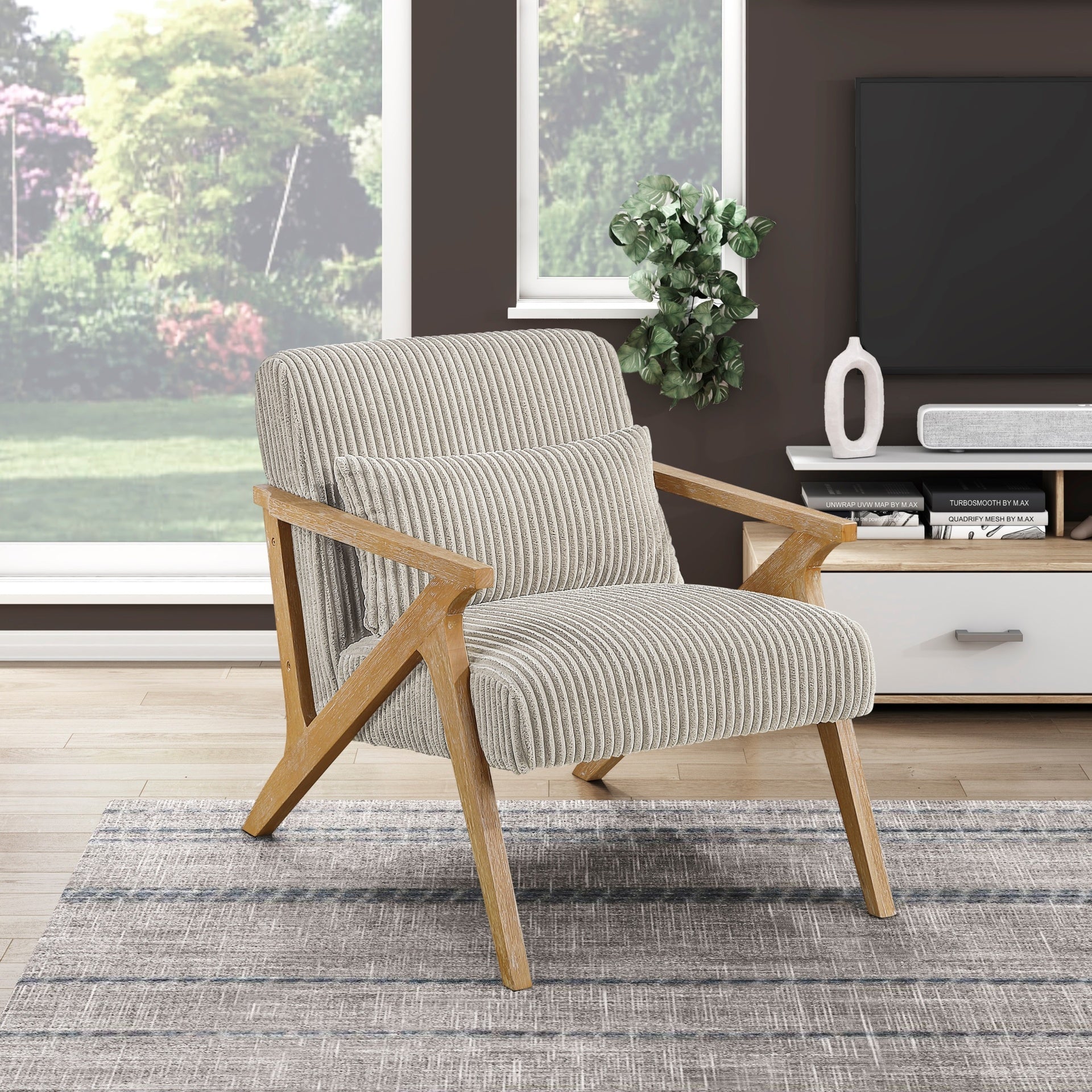 Upholstered Accent Chair with Pillow Taupe Soft Corduroy Foam Seat Cushion Solid Rubberwood Modern Home Furniture 1pc