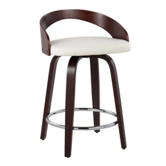 Grotto Mid-Century Modern Counter Stool with Swivel in Cherry with White Faux Leather by LumiSource - Set of 2