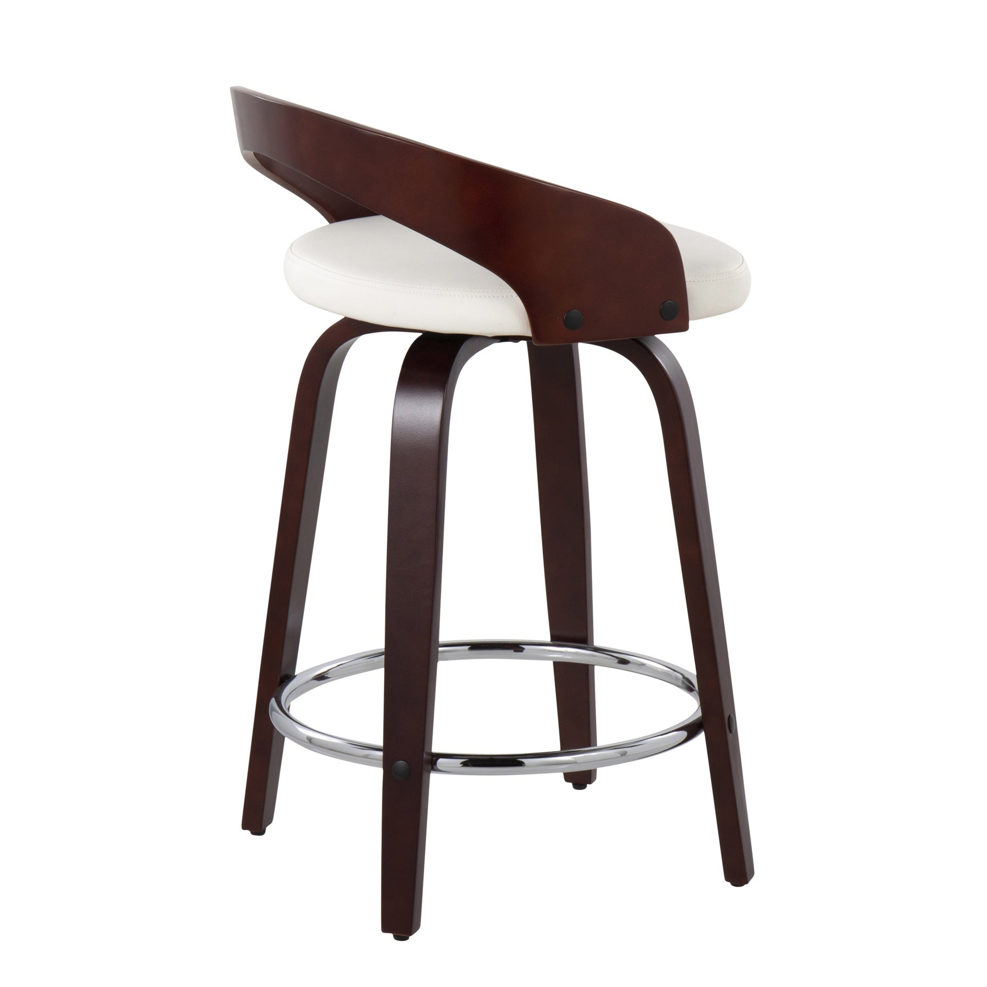 Grotto Mid-Century Modern Counter Stool with Swivel in Cherry with White Faux Leather by LumiSource - Set of 2