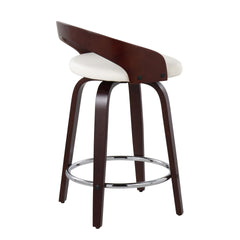 Grotto Mid-Century Modern Counter Stool with Swivel in Cherry with White Faux Leather by LumiSource - Set of 2