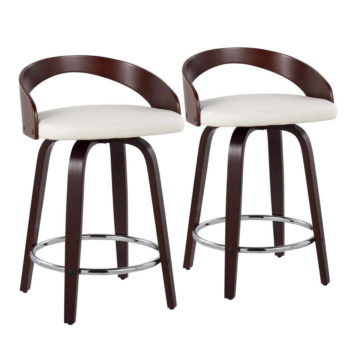 Grotto Mid-Century Modern Counter Stool with Swivel in Cherry with White Faux Leather by LumiSource - Set of 2