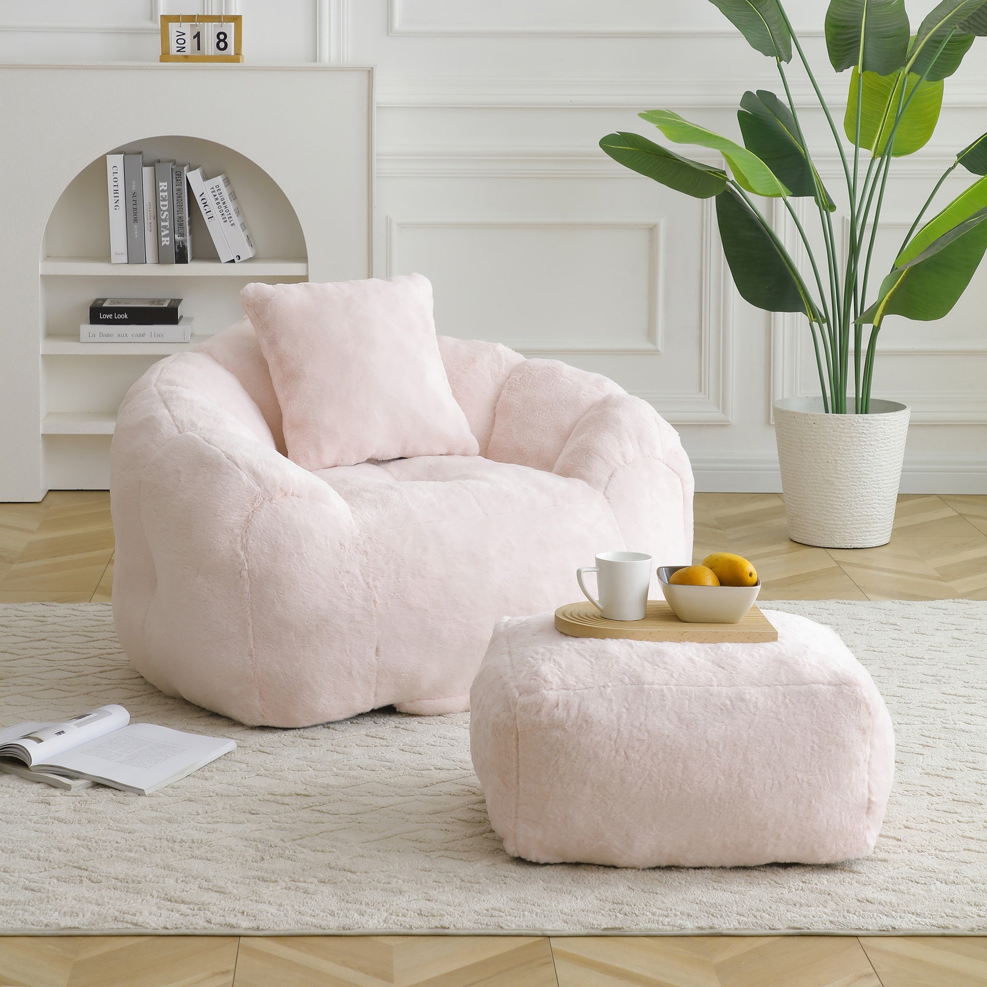 Giant Bean Bag Chair withFootstool, Oversized Bean Bag  for Adults and Kids, Faux Fur Shell-Shaped Large Chair with Filler, Stuffed Big Accent Sofa,  Floor Sofa for Gaming,Reading Living Room Bedroom