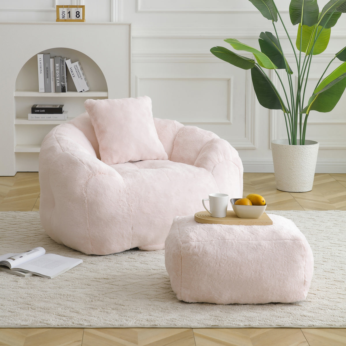 Giant Bean Bag Chair withFootstool, Oversized Bean Bag  for Adults and Kids, Faux Fur Shell-Shaped Large Chair with Filler, Stuffed Big Accent Sofa,  Floor Sofa for Gaming,Reading Living Room Bedroom