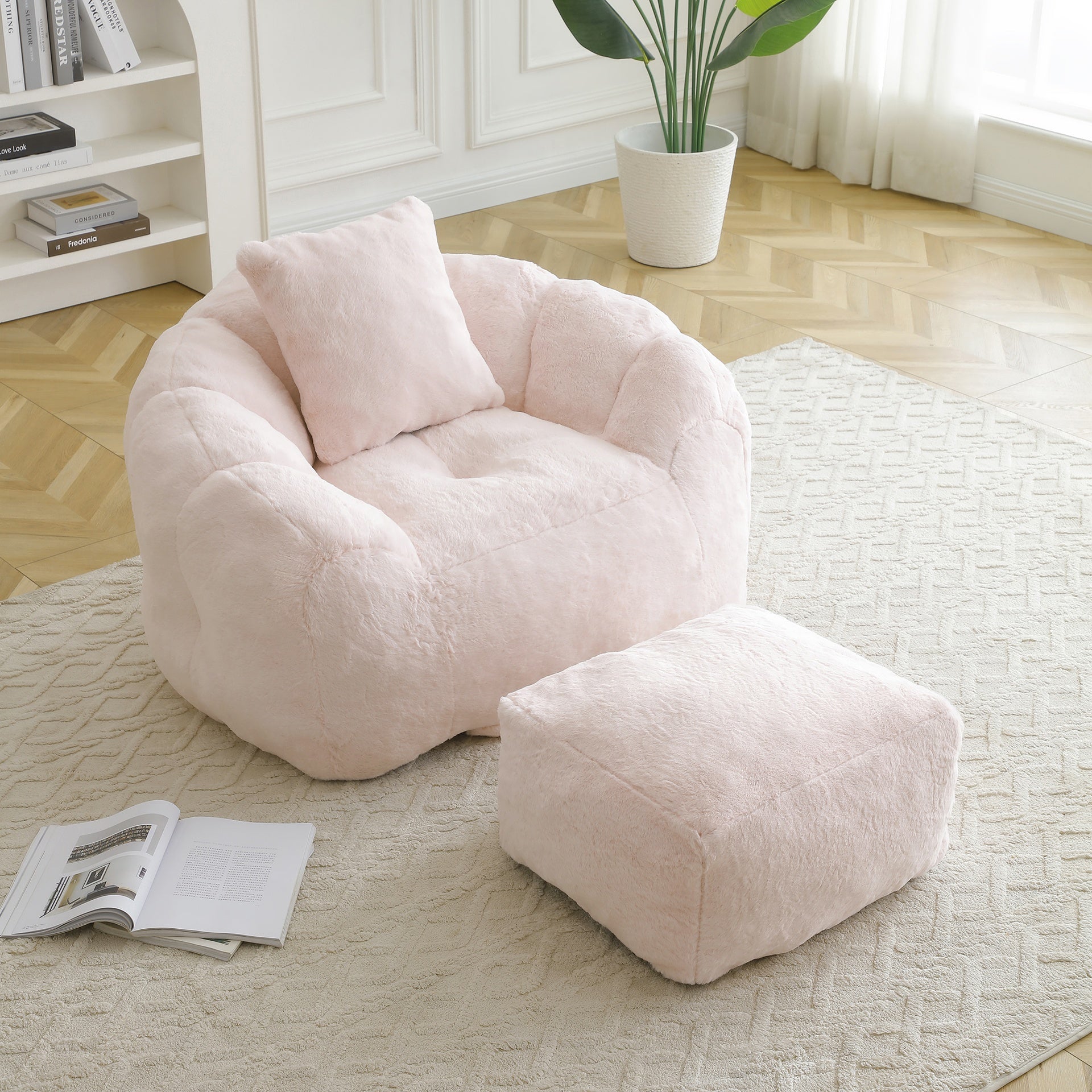 Giant Bean Bag Chair withFootstool, Oversized Bean Bag  for Adults and Kids, Faux Fur Shell-Shaped Large Chair with Filler, Stuffed Big Accent Sofa,  Floor Sofa for Gaming,Reading Living Room Bedroom
