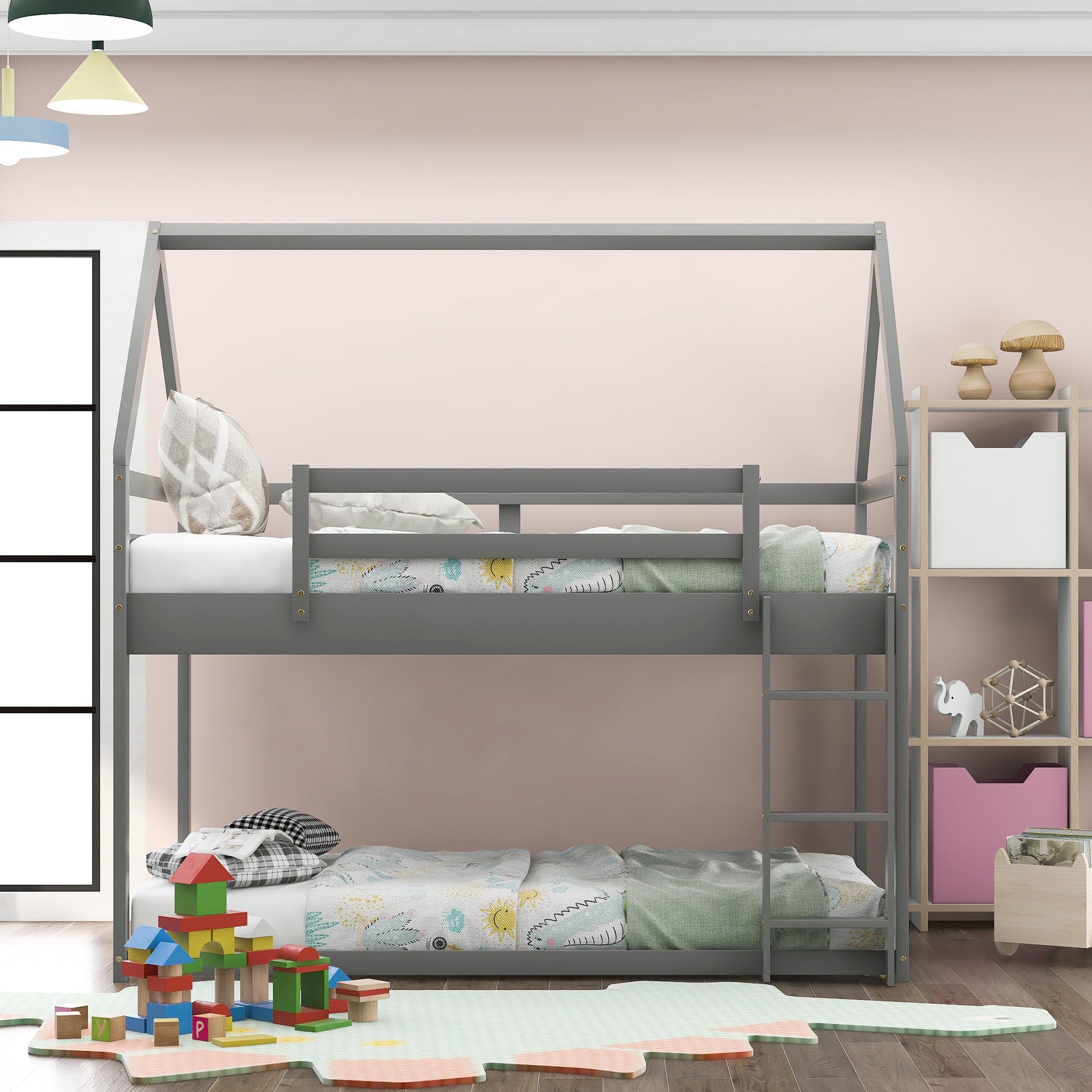Twin over Twin Low Bunk Bed, House Bed with Ladder , Gray