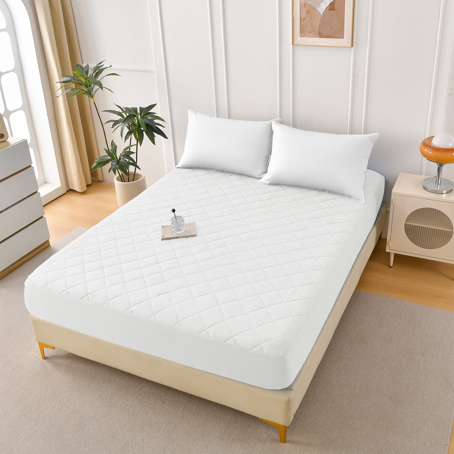 Diamond Grid Ultrasonic Waterproof Mattress Protector White Size K