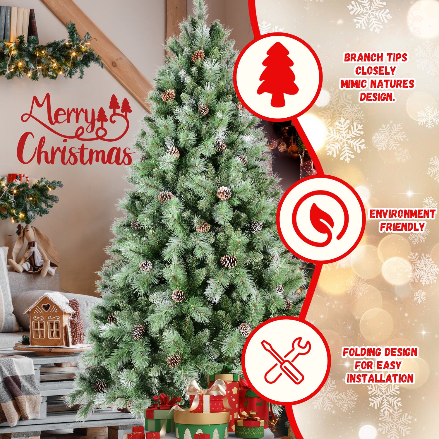 7FT Christmas Tree with 82 Pine Cones – 1348 Tips, Mixed PVC & Hard Needle Branches, Hinged Structure for Easy Setup, Sturdy Metal Stand – Realistic Full Holiday Tree