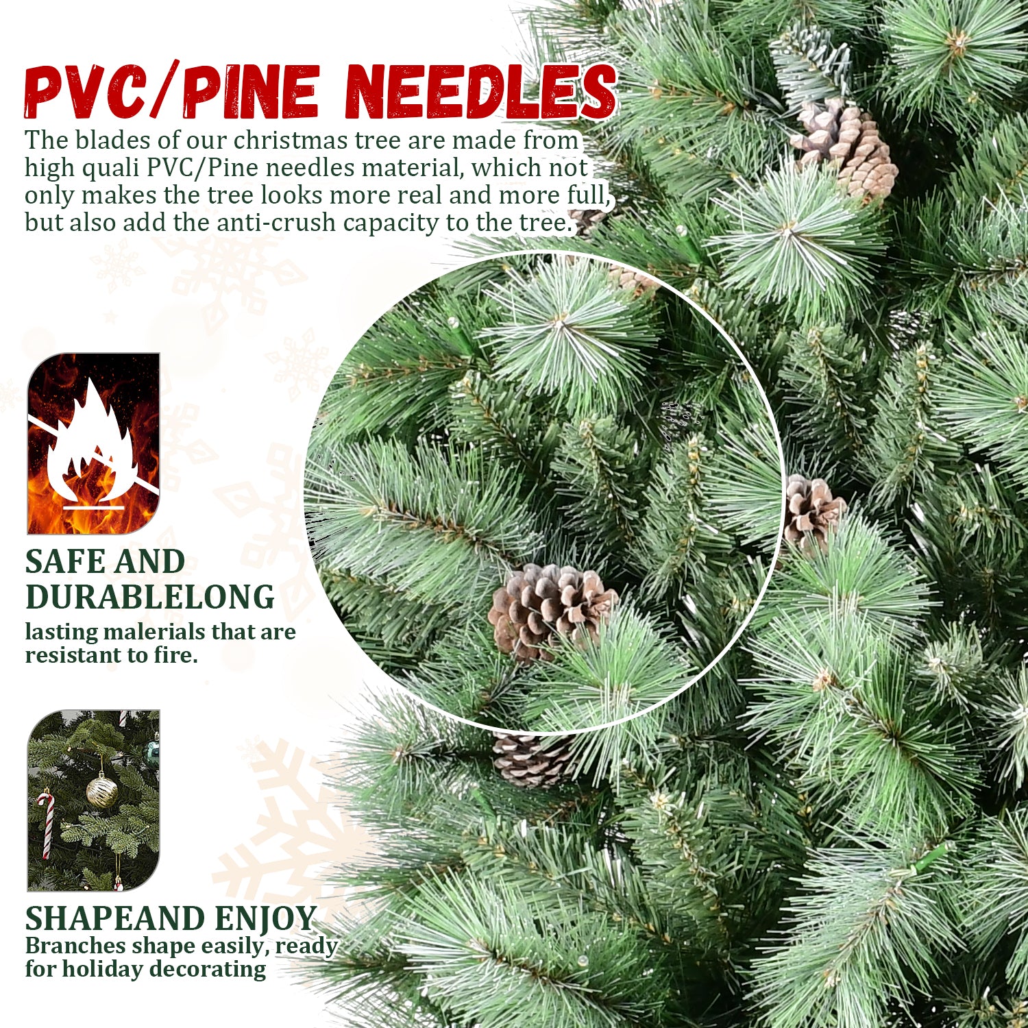 7FT Christmas Tree with 82 Pine Cones – 1348 Tips, Mixed PVC & Hard Needle Branches, Hinged Structure for Easy Setup, Sturdy Metal Stand – Realistic Full Holiday Tree