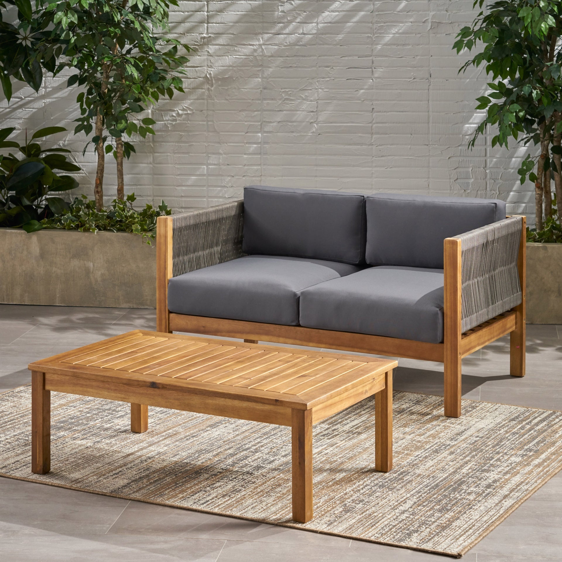 Patio Loveseat and Coffee Table Set, Patio Furniture Set with Cushion, Acacia Wood Frame Conversation Set for Garden, Backyard, Porch and Poolside, Minimalistic Style
