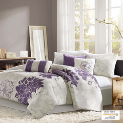 Printed Cotton Sateen Comforter Set Taupe Grey/Purple Cal King