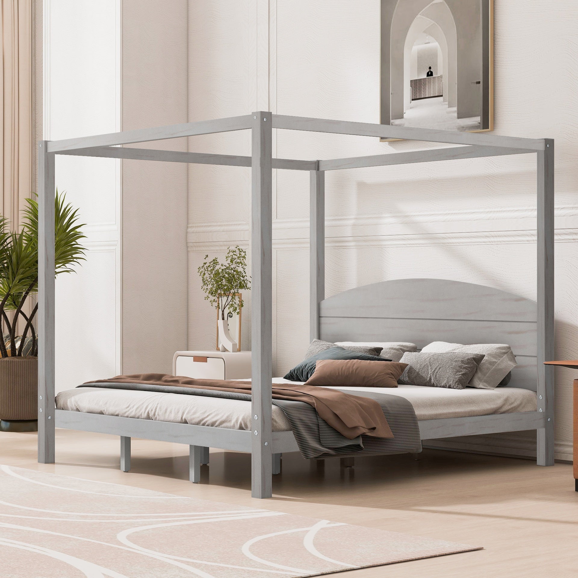 King Size Canopy Platform Bed with Headboard and Support Legs, Grey Wash