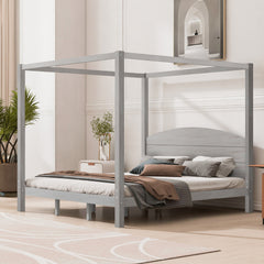 King Size Canopy Platform Bed with Headboard and Support Legs, Grey Wash