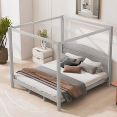 King Size Canopy Platform Bed with Headboard and Support Legs, Grey Wash
