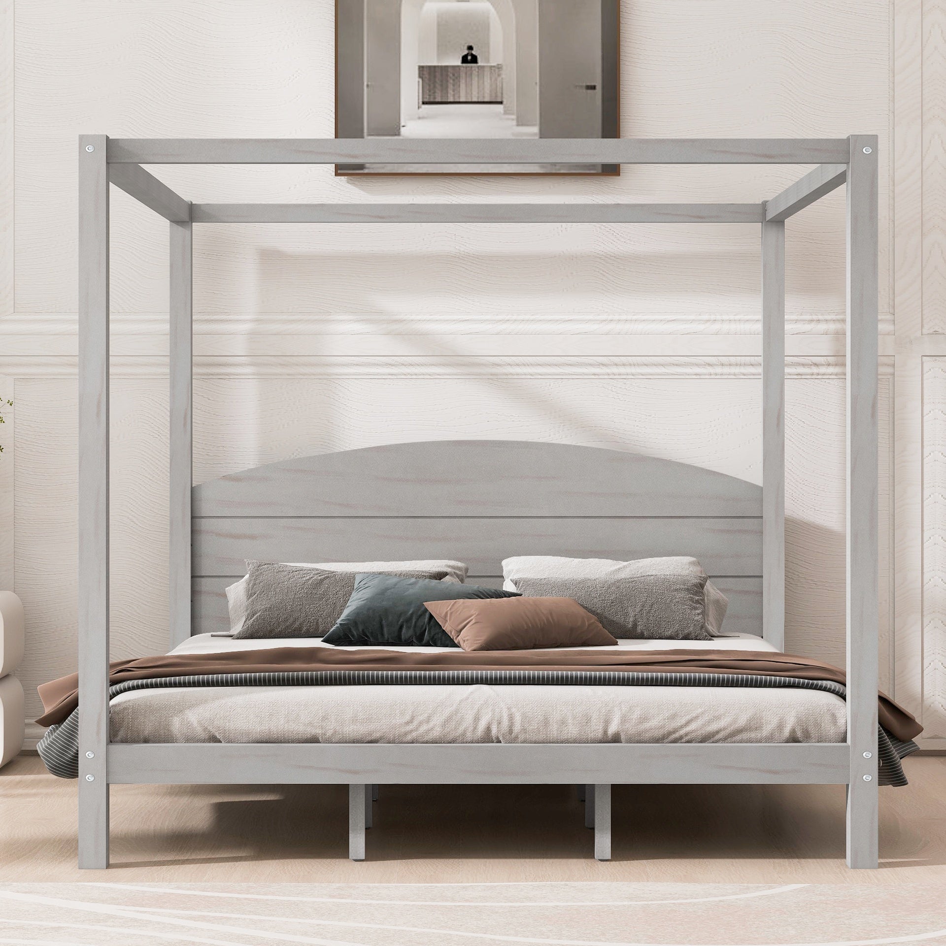 King Size Canopy Platform Bed with Headboard and Support Legs, Grey Wash