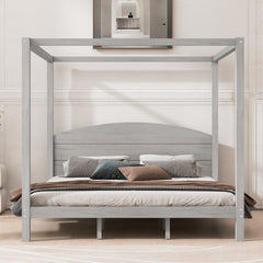 King Size Canopy Platform Bed with Headboard and Support Legs, Grey Wash