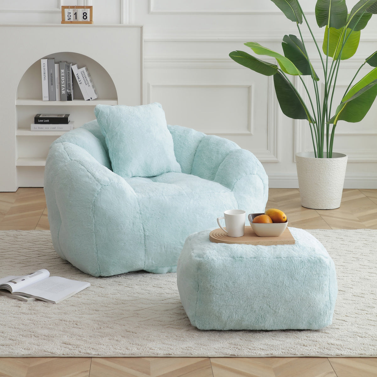 Giant Bean Bag Chair withFootstool, Oversized Bean Bag  for Adults and Kids, Faux Fur Shell-Shaped Large Chair with Filler, Stuffed Big Accent Sofa,  Floor Sofa for Gaming,Reading Living Room Bedroom