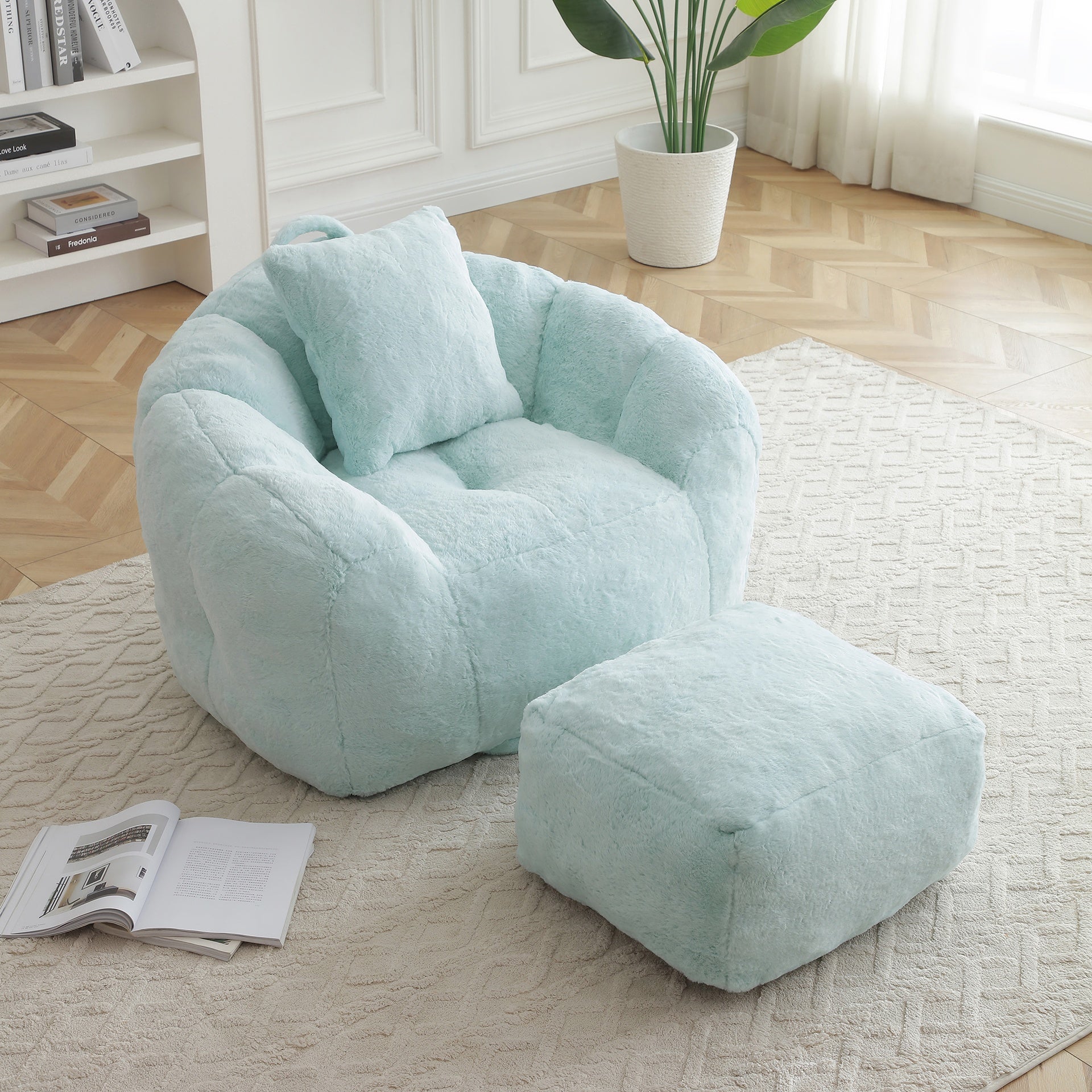 Giant Bean Bag Chair withFootstool, Oversized Bean Bag  for Adults and Kids, Faux Fur Shell-Shaped Large Chair with Filler, Stuffed Big Accent Sofa,  Floor Sofa for Gaming,Reading Living Room Bedroom