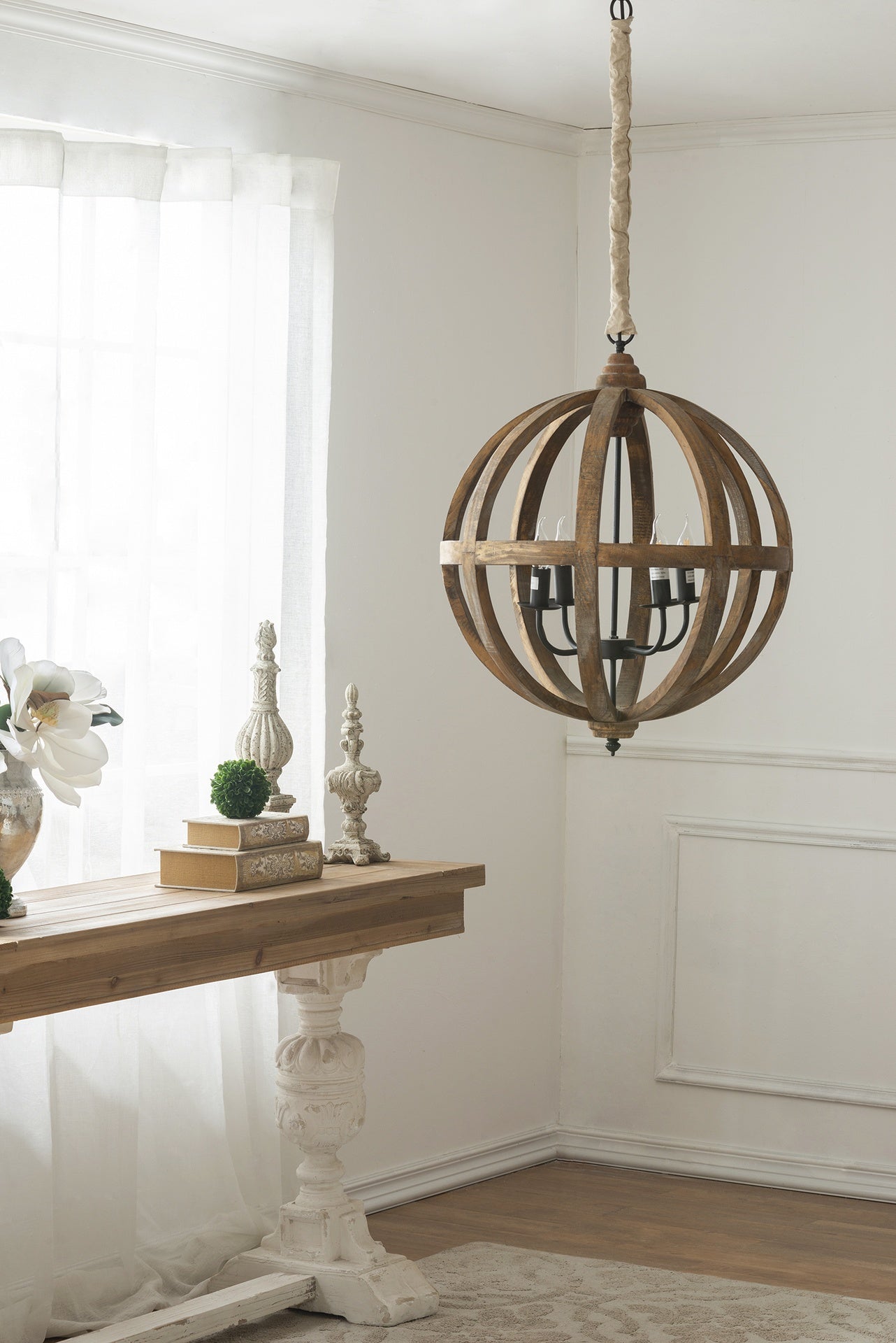 4 - Light Wood Chandelier, Hanging Light Fixture with Adjustable Chain for Kitchen Dining Room Foyer Entryway, Bulb Not Included