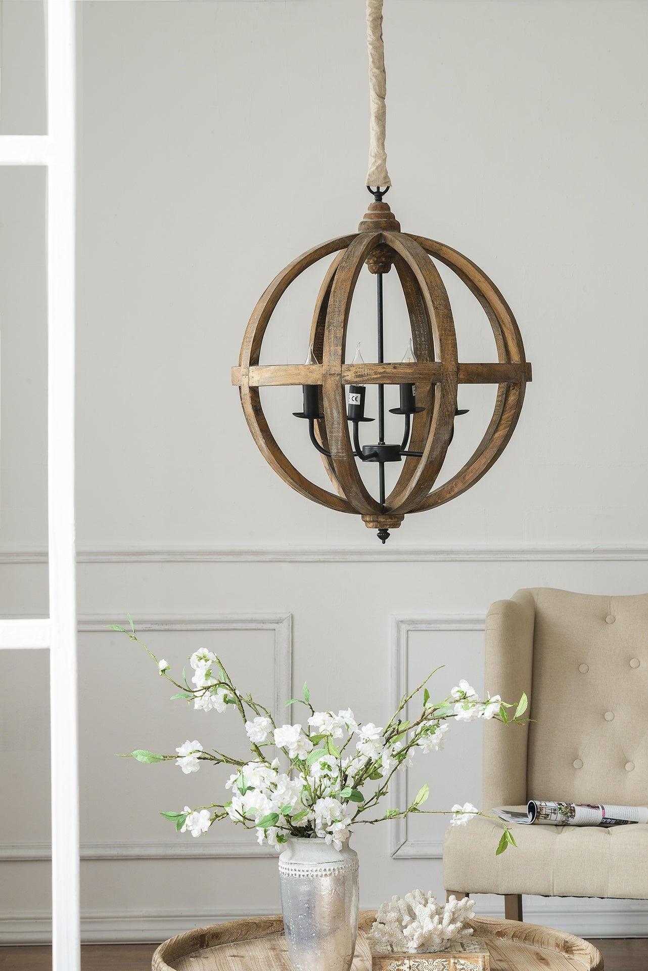 4 - Light Wood Chandelier, Hanging Light Fixture with Adjustable Chain for Kitchen Dining Room Foyer Entryway, Bulb Not Included