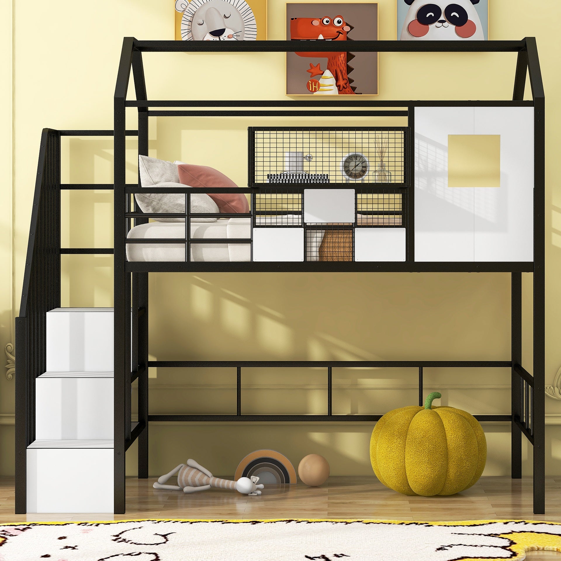 Metal Loft Bed with roof design and a storage box, Twin, Black