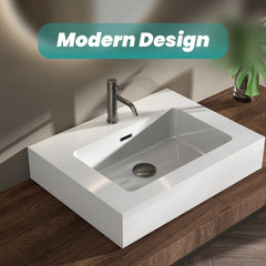 BB02-24-101, Integrated solid surface basin WITHOUT drain & faucet, glossy white color