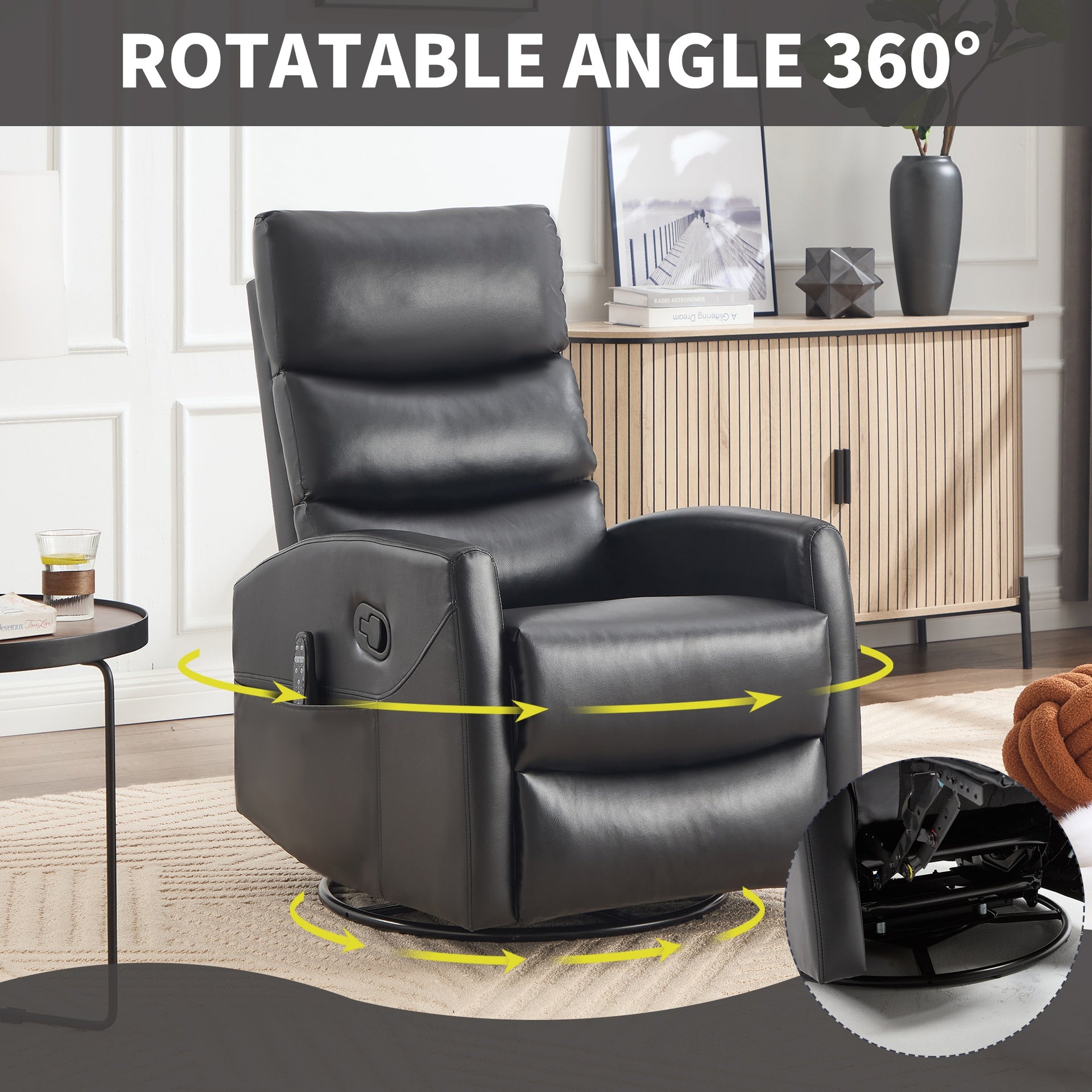 Heat Massage Manual Recliner Chair with Rocker and Swivel in Fabric for Living Room, Black