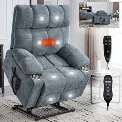 Grey Dual Motor Infinite Position Up to 350 LBS Chenille Power Lift Recliner Chair, Heavy Duty Motion Mechanism with 8-Point Vibration Massage and Lumbar Heating, Dual Cup Holders