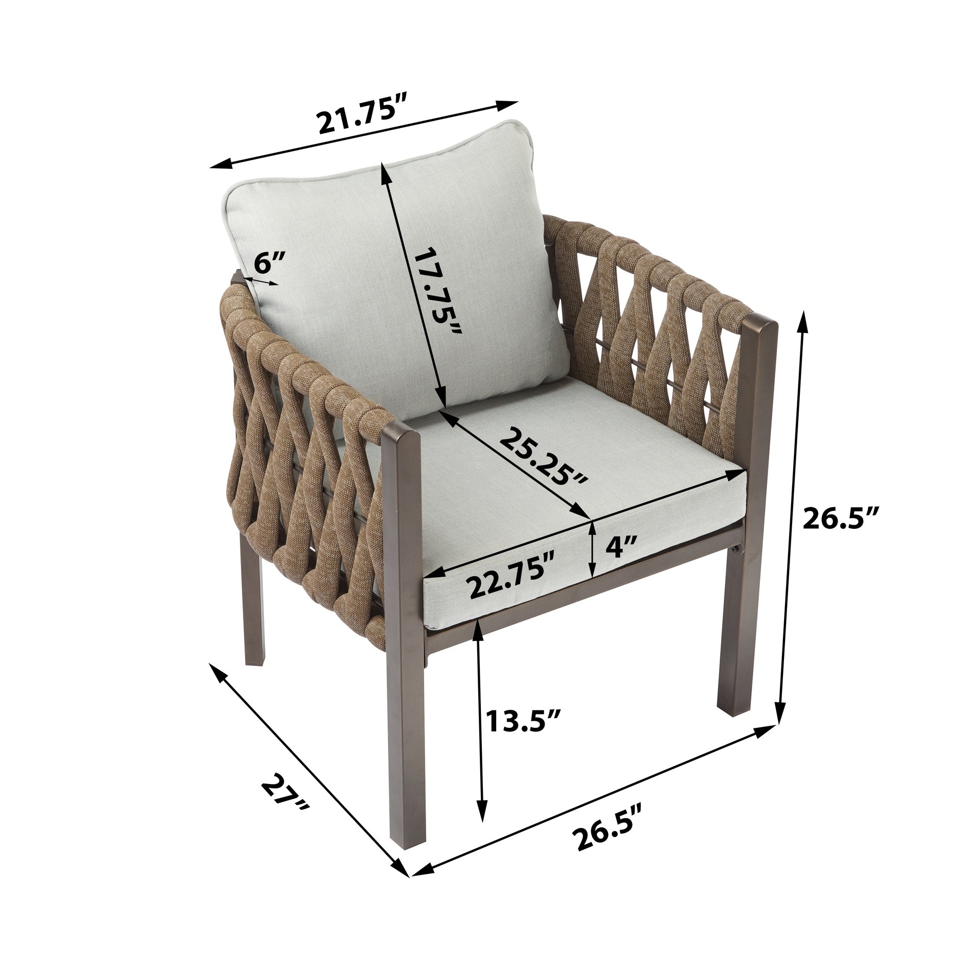 2-Pieces Outdoor Metal Patio Club Chair, Patio Furniture Arm Chair with Cushion, Modern Outdoor Furniture Deep Seating for Porch, Garden, Backyard, Balcony, Brown & Light Grey